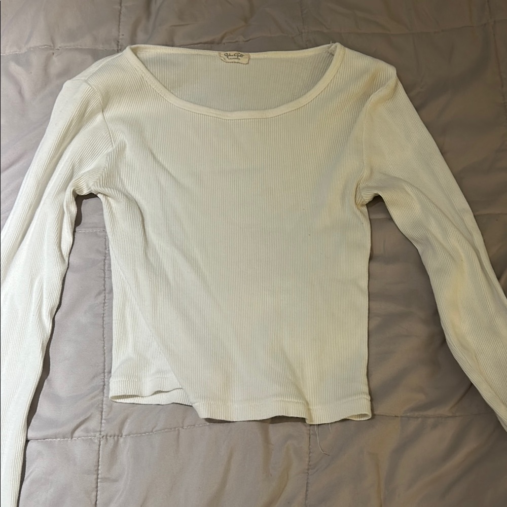 Brandy Melville Cream Fitted Ribbed Long Sleeve Blouse